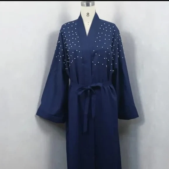 Abayas Muslim Women Kimono Black Abaya Robe Turkish Dress Kaftan Navy Blue - Picture 4 of 6